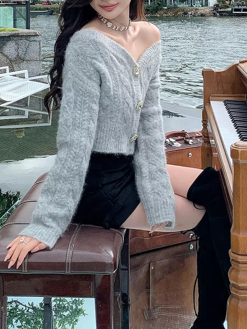 Crystal Kiss Off-Shoulder Knit Cardigan