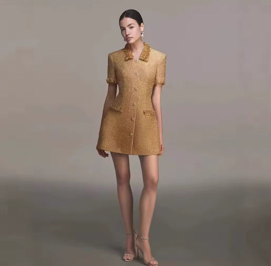 Golden Short-Sleeve Blazer Dress with Buttons