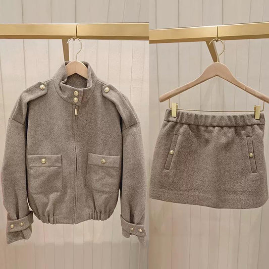 Wool-Blend Military-Inspired Jacket & Mini Skirt Set in Taupe