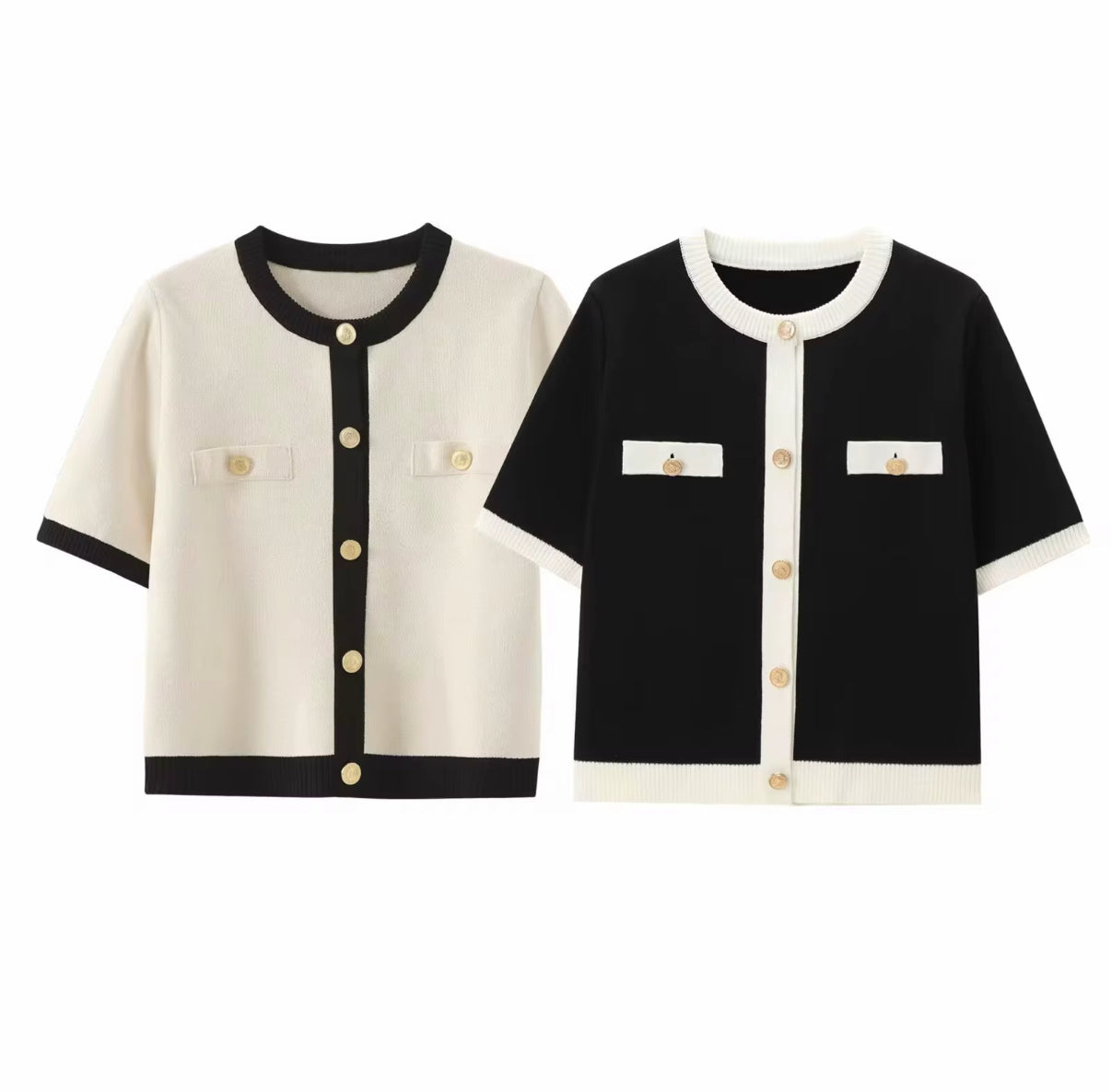 Short-Sleeve Knit Cardigan with Contrast Trim and Gold Buttons