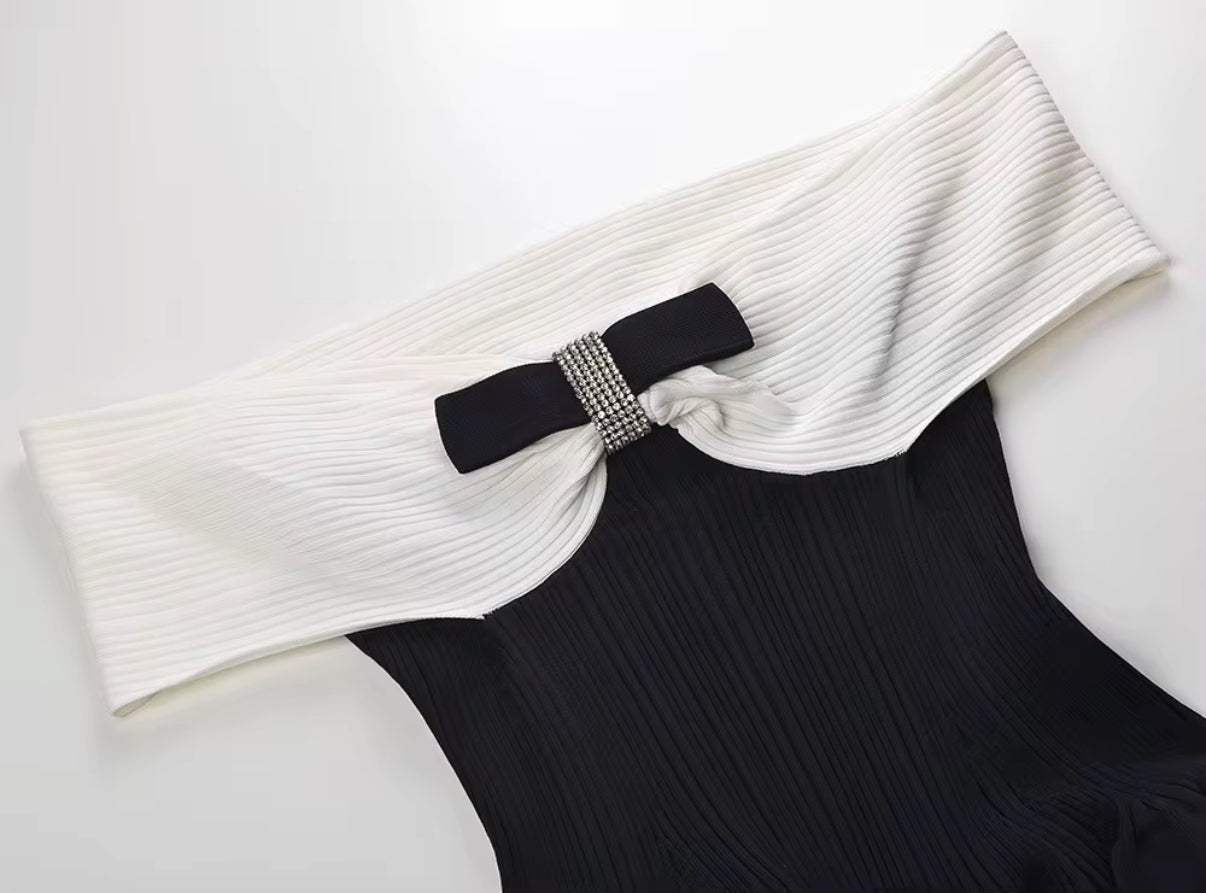Black & White Off-Shoulder Mini Dress with Bow Detail
