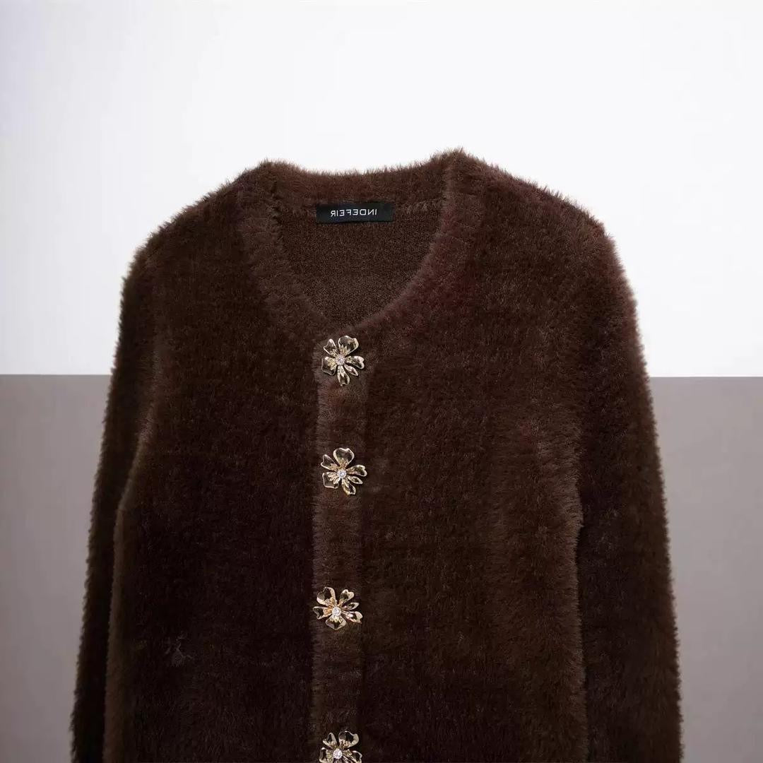 Brown Fuzzy Cardigan with Floral Crystal Buttons
