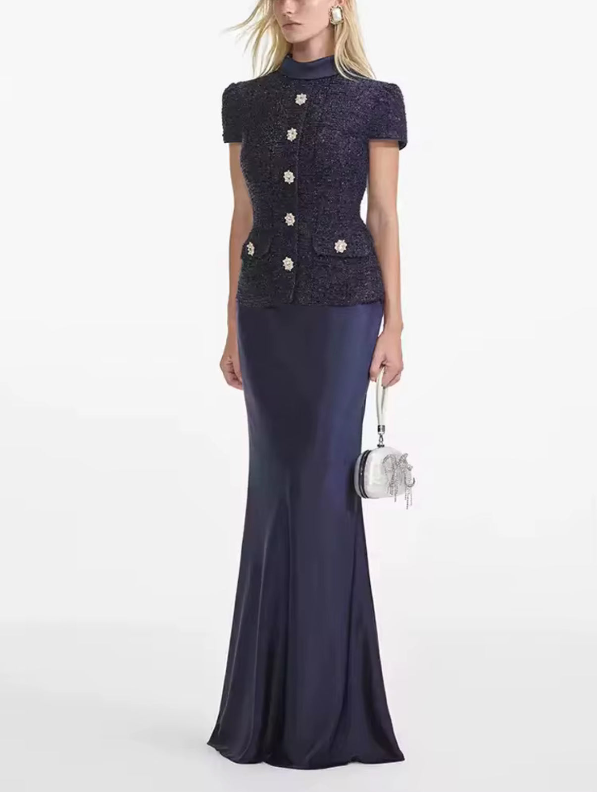 deep navy dress with a tailored tweed-style bodice