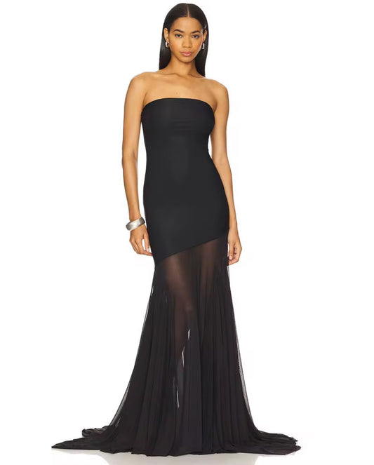 Yellow strapless evening dress with ombré sheer flowing hem