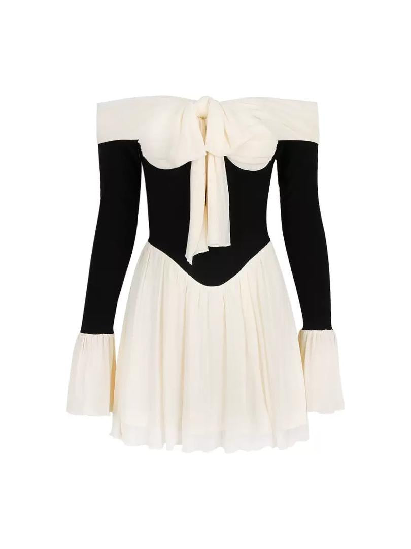 Cream-Black Off-Shoulder Mini Dress with Front Bow and Sheer Ruffled Sleeves