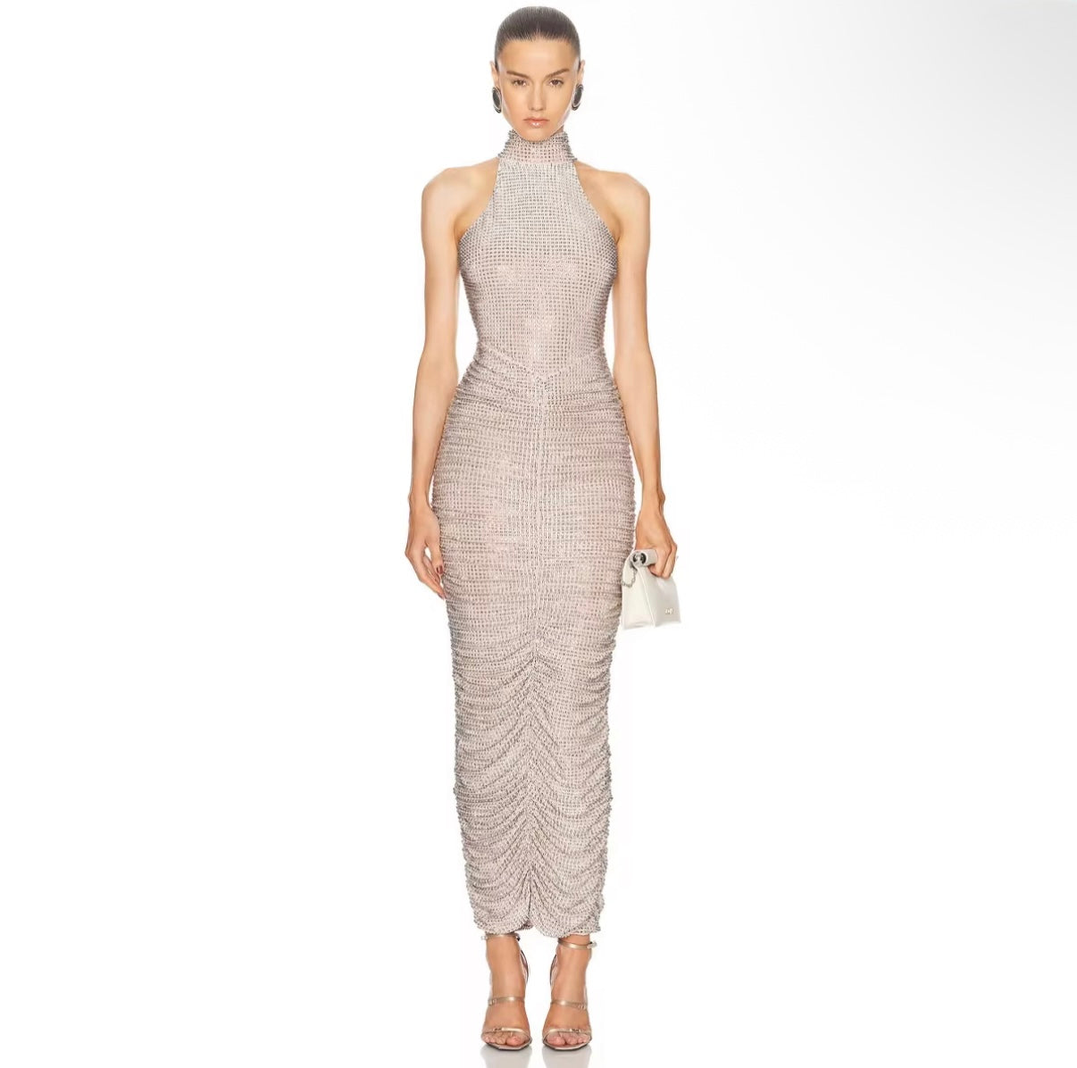 Crystal Mesh Halter Dress with Ruched Detailing