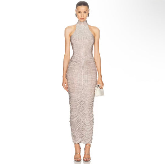 Crystal Mesh Halter Dress with Ruched Detailing