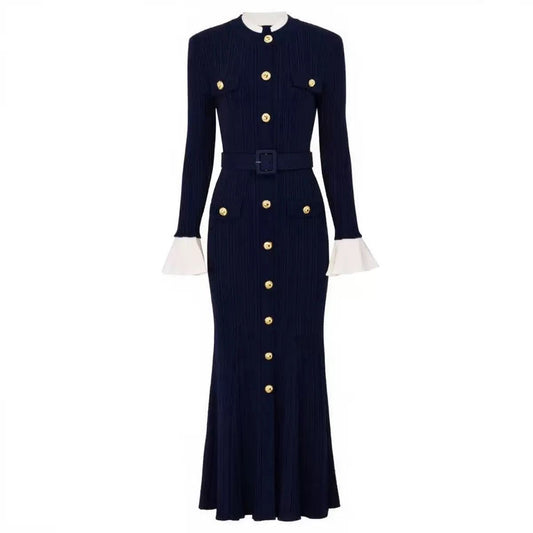 Knit Maxi Dress with Belted Waist and Gold Buttons