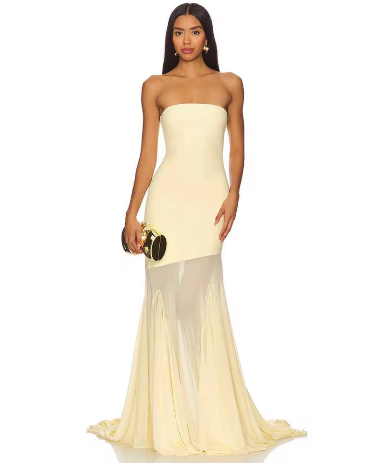 Yellow strapless evening dress with ombré sheer flowing hem