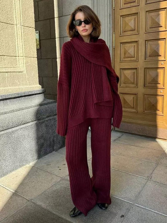 ribbed 3-piece set with top, wide-leg pants & cardigan