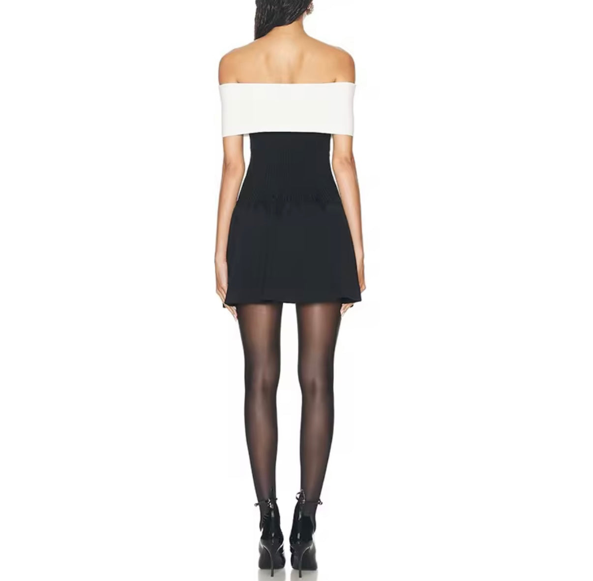 Black & White Off-Shoulder Mini Dress with Bow Detail