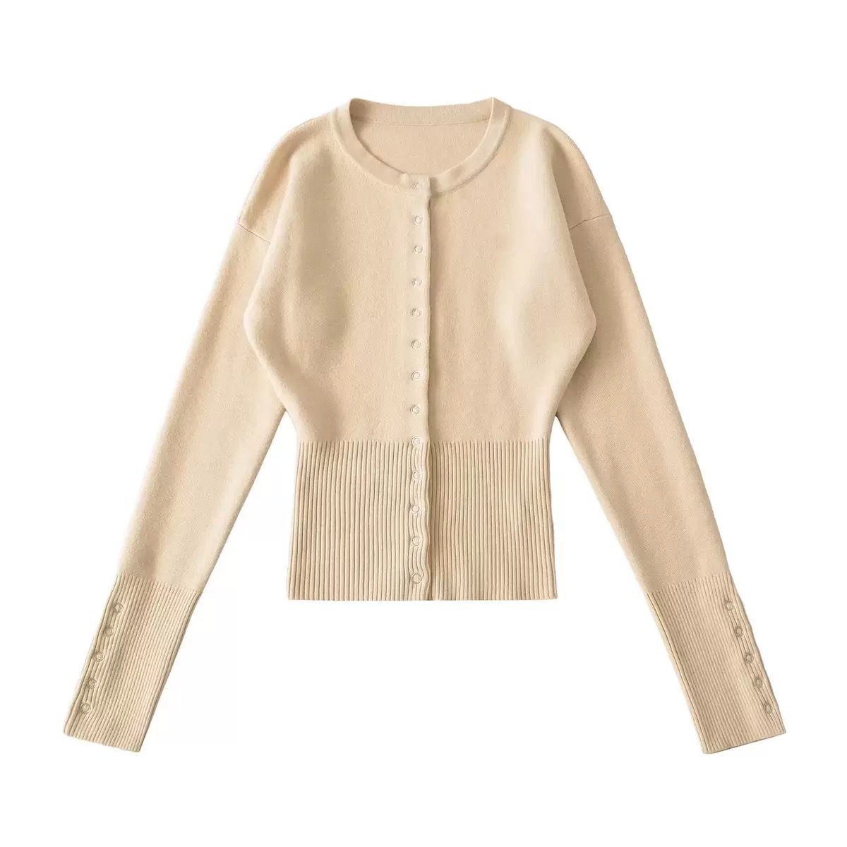 Long-Sleeve Knit Cardigan with Front Buttons and Fitted Waist