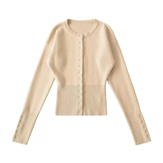 Long-Sleeve Knit Cardigan with Front Buttons and Fitted Waist