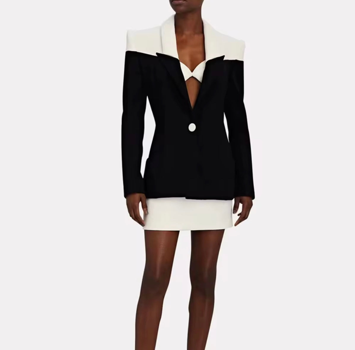black blazer with white lapel & skirt