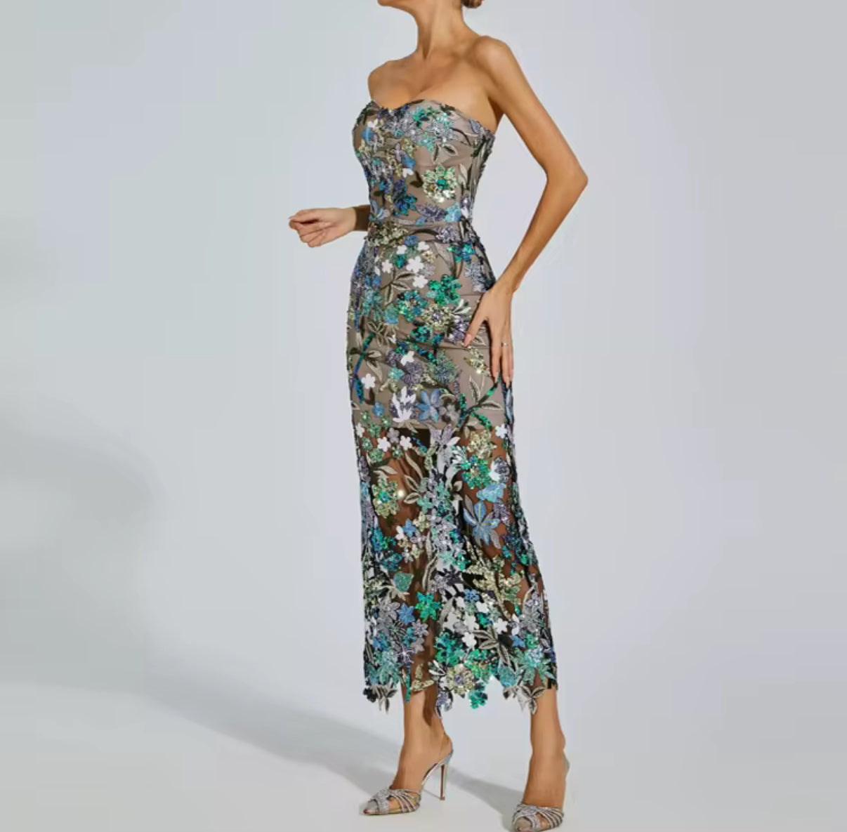 Strapless Embroidered Floral Mesh Dress