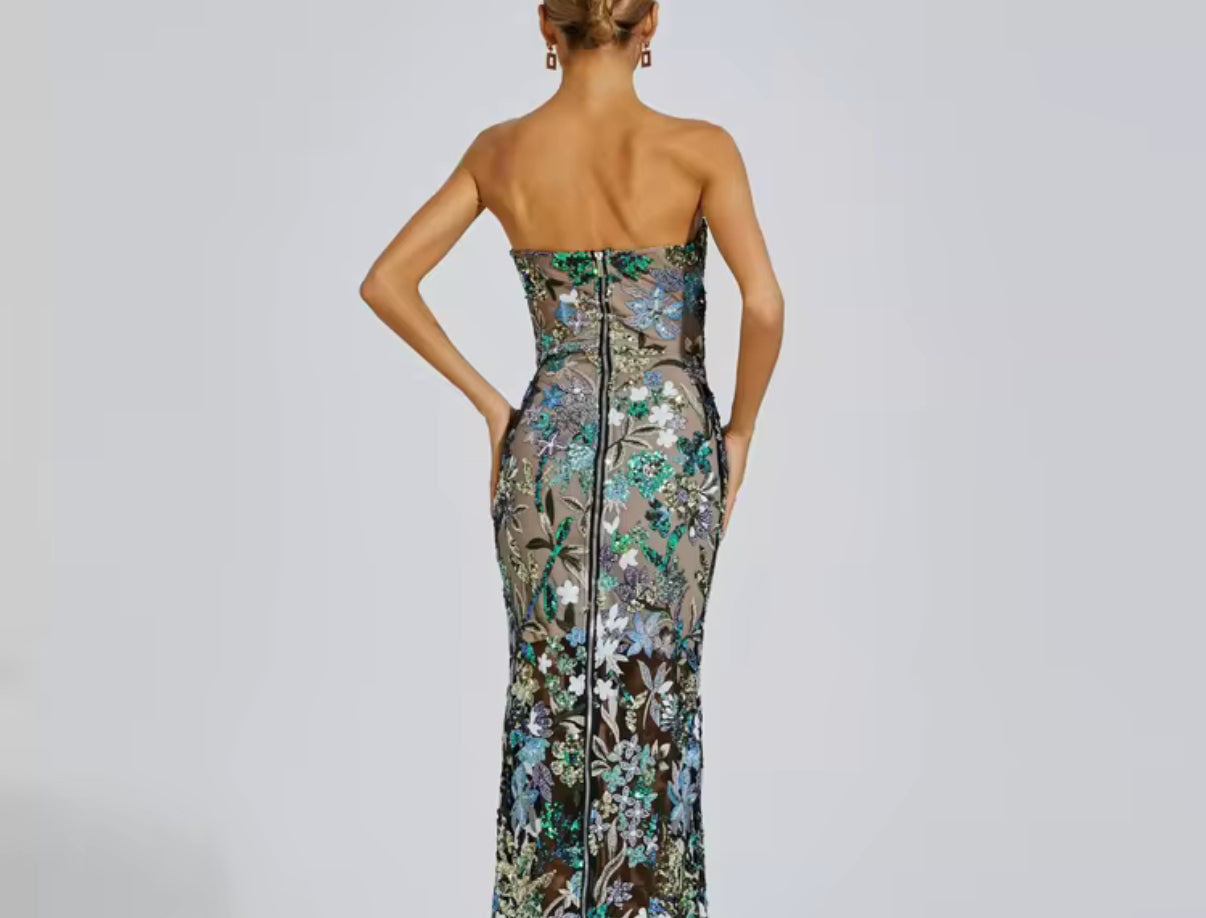 Strapless Embroidered Floral Mesh Dress