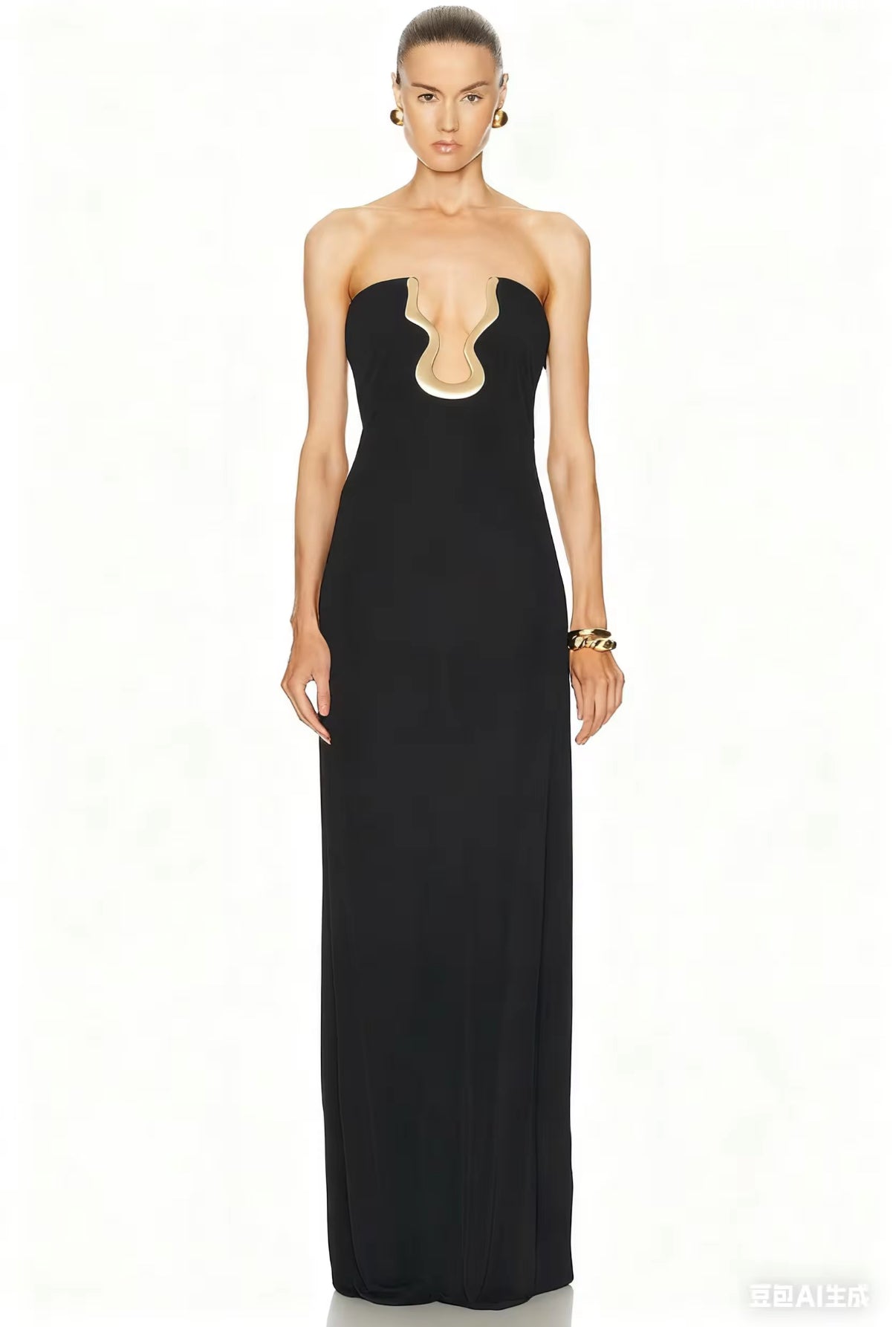 Strapless black column dress with metallic accent detail