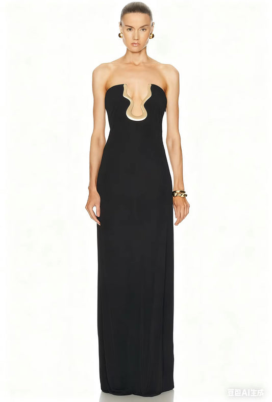 Strapless black column dress with metallic accent detail