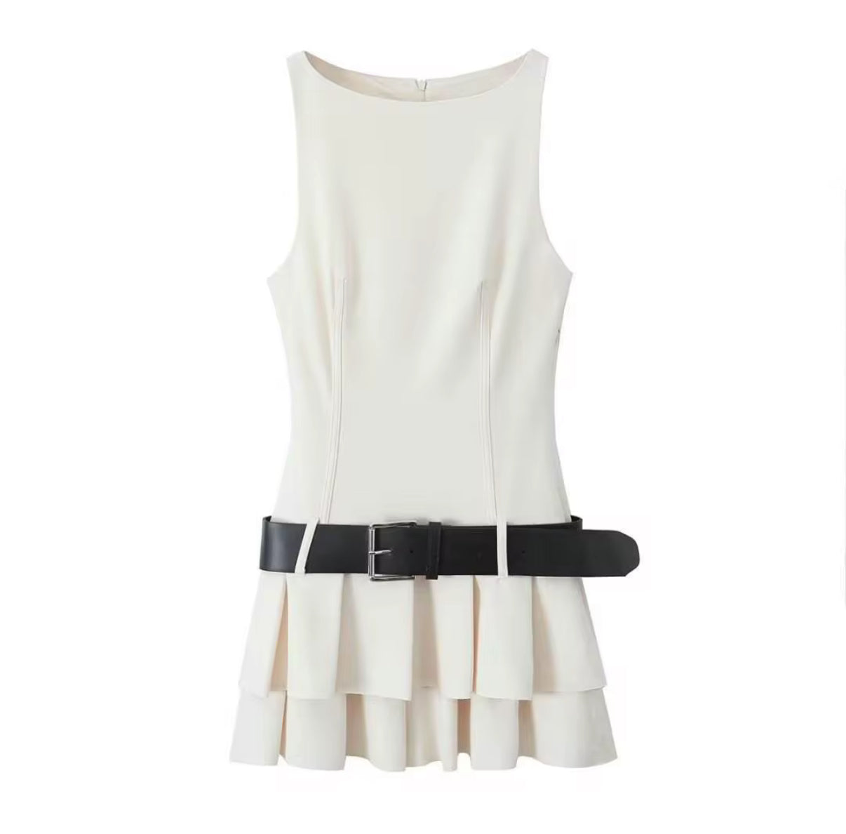 Sleeveless Mini Dress with Tiered Hem and Belt