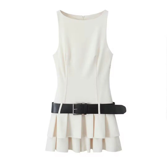 Sleeveless Mini Dress with Tiered Hem and Belt