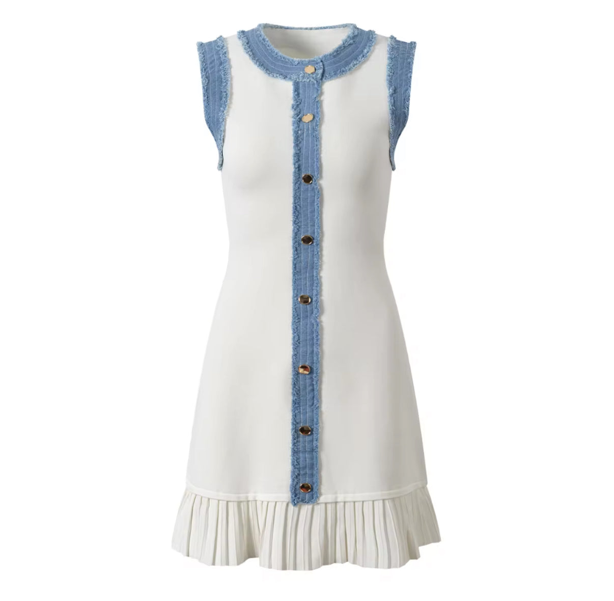 Sleeveless Button-Front Mini Dress with Denim Trim