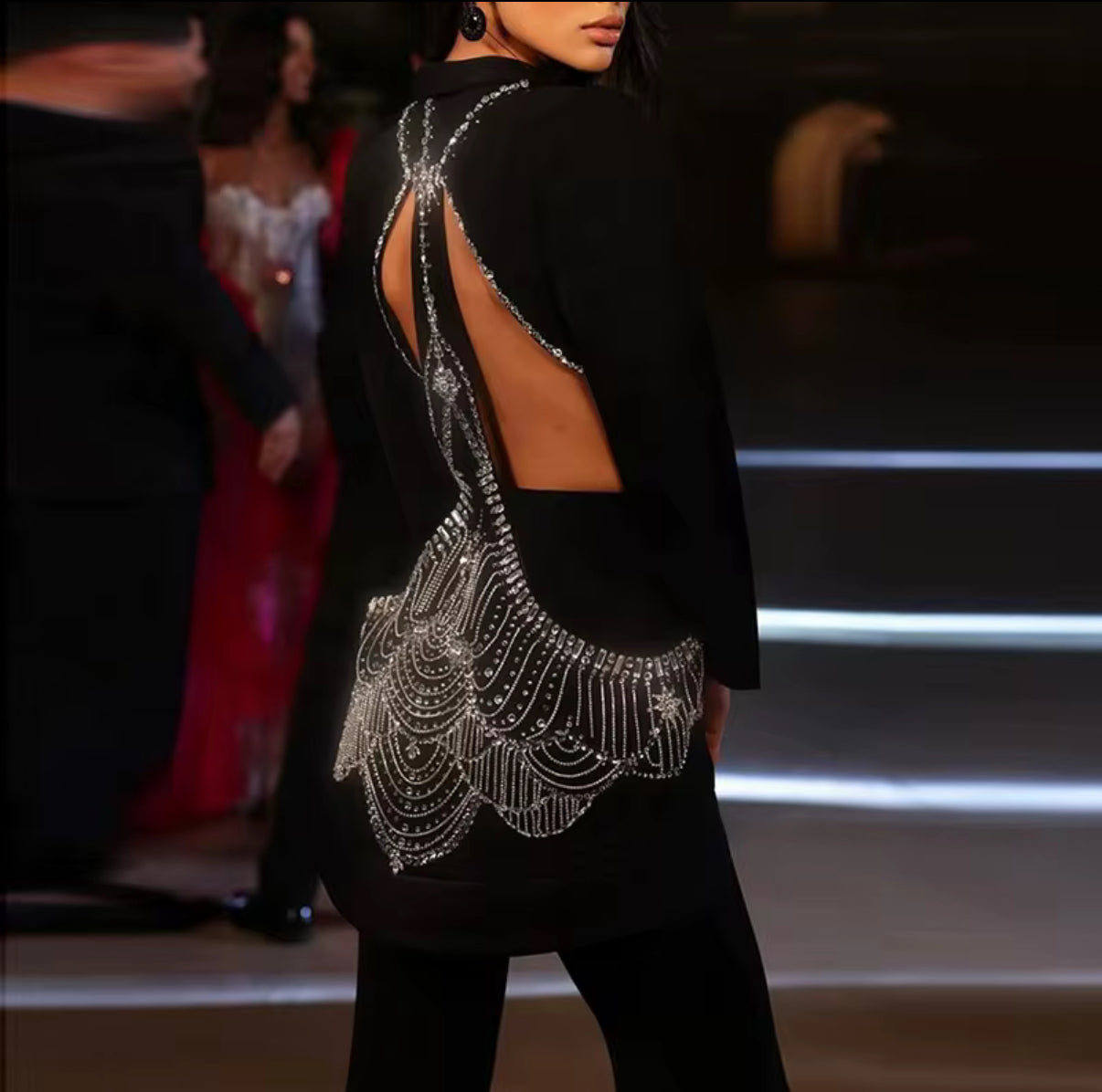 Sleek Black Evening Suit with Crystal Detail