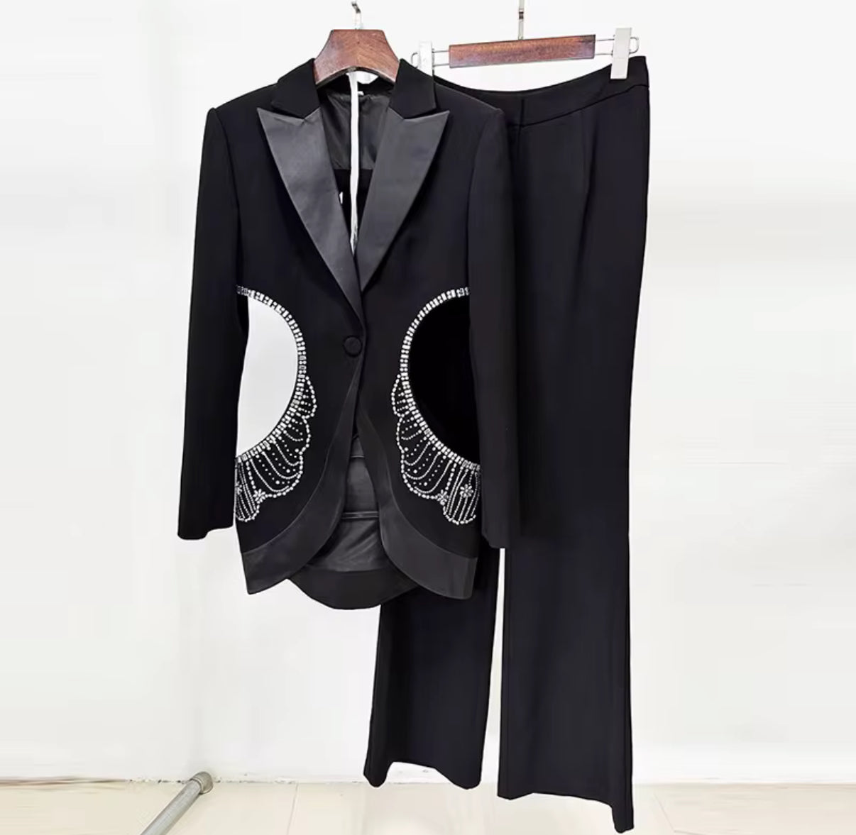 Sleek Black Evening Suit with Crystal Detail