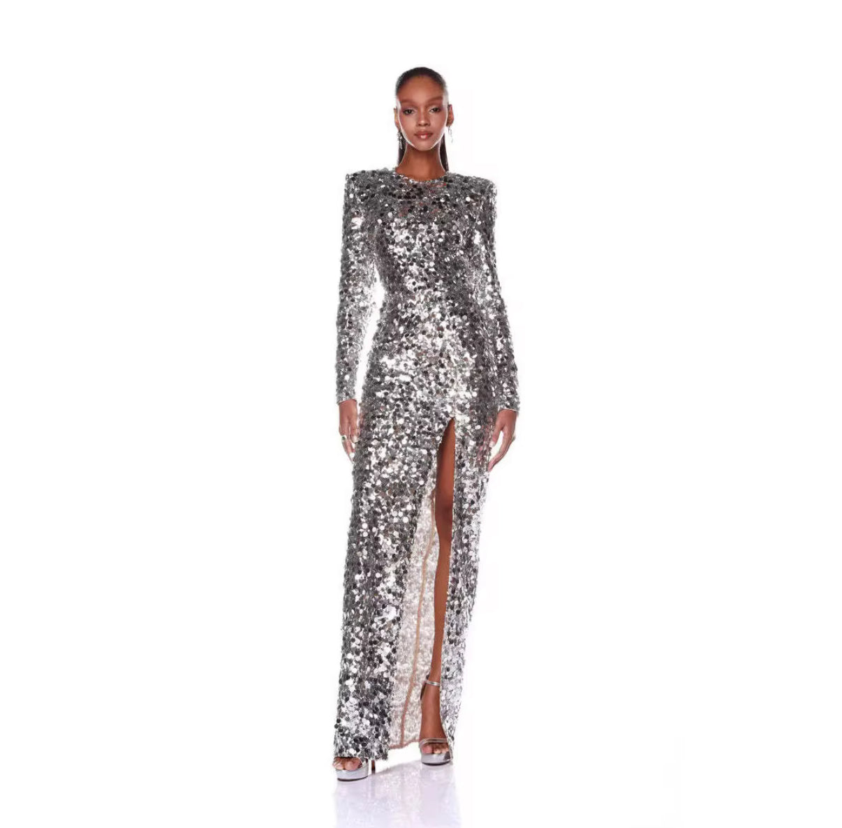Silver Sequin Long-Sleeve Dress with High Slit