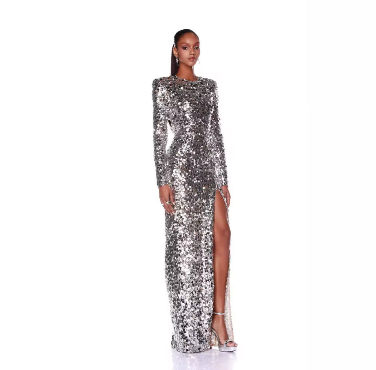 Silver Sequin Long-Sleeve Dress with High Slit