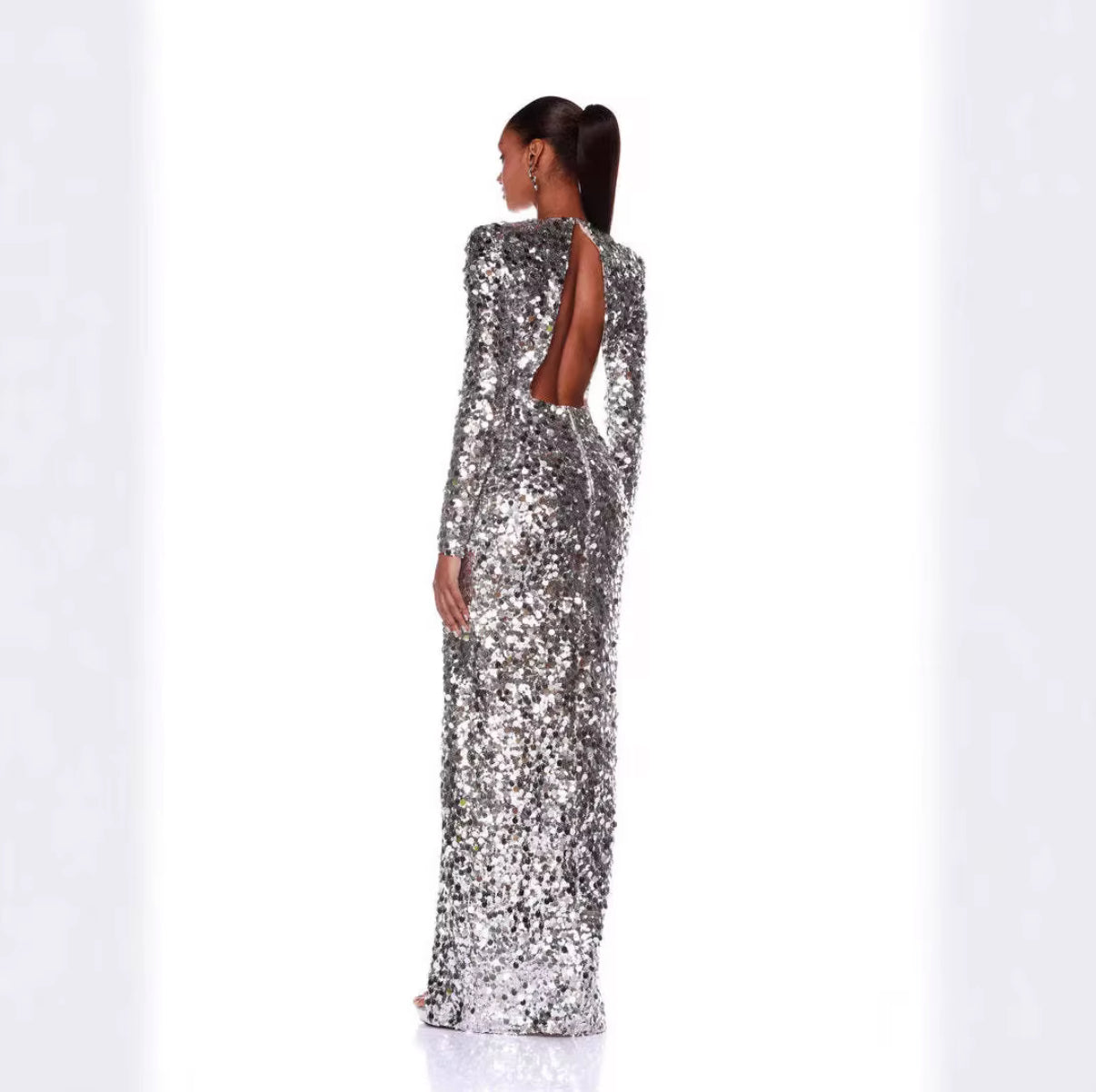 Silver Sequin Long-Sleeve Dress with High Slit