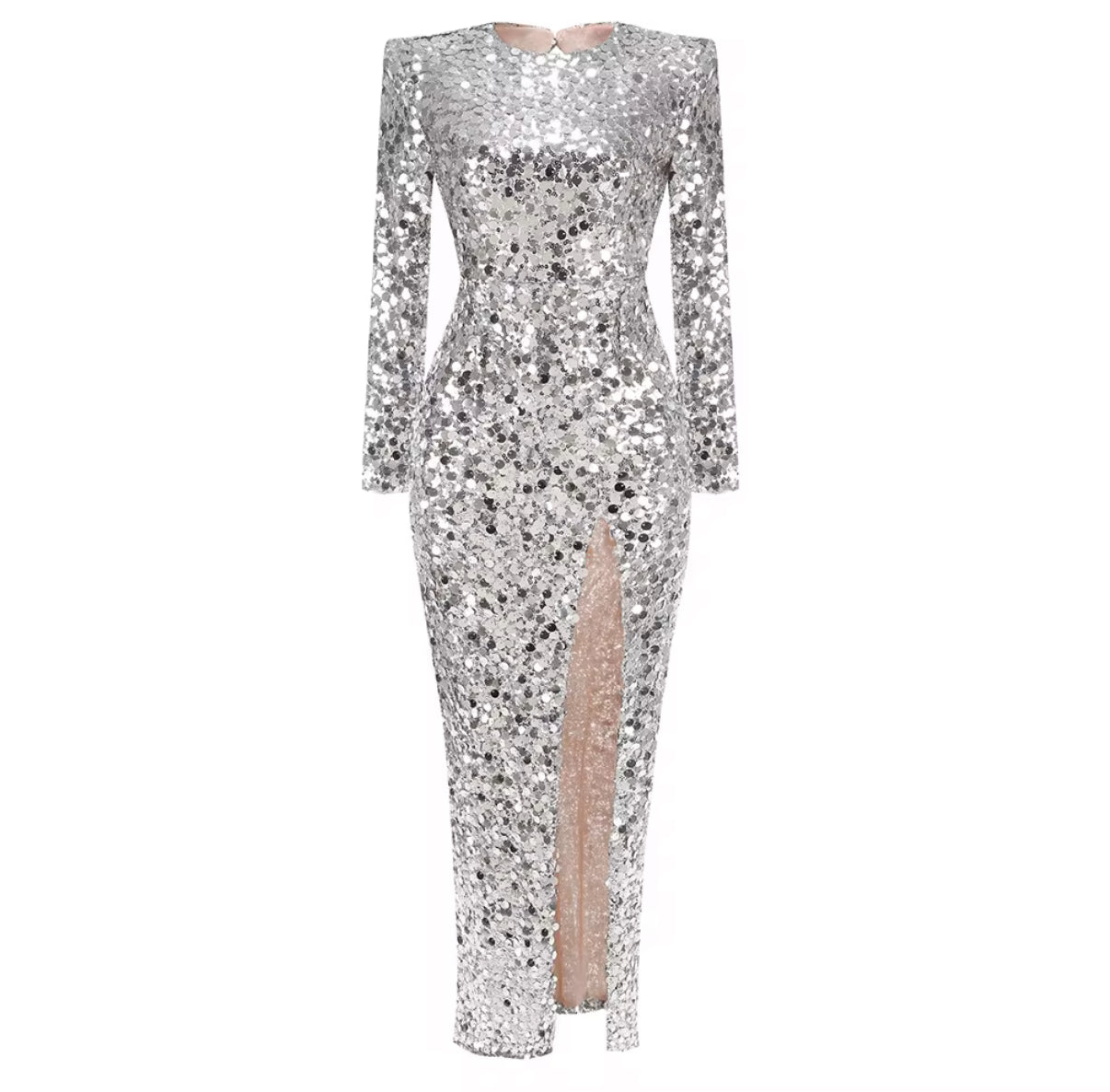 Silver Sequin Long-Sleeve Dress with High Slit