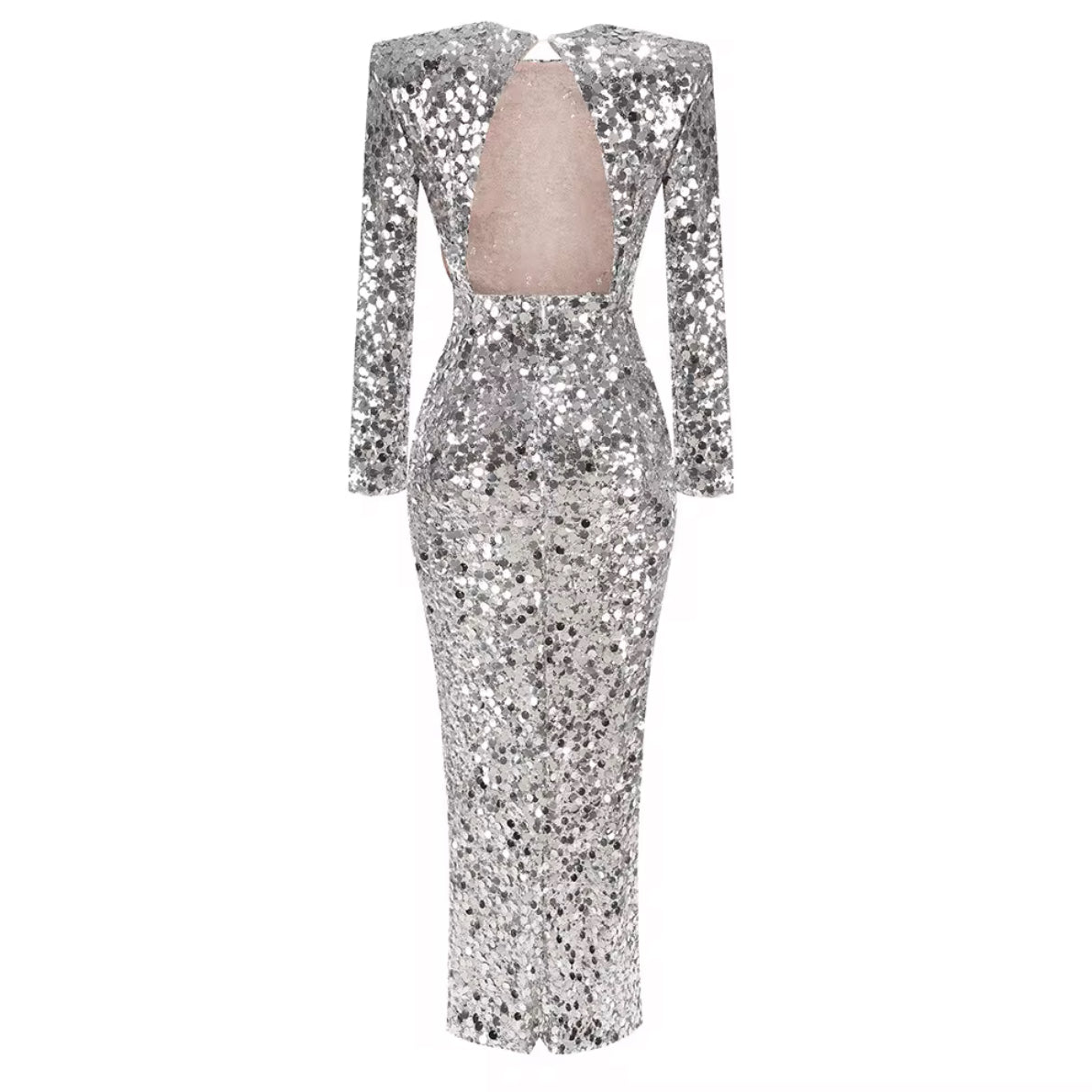 Silver Sequin Long-Sleeve Dress with High Slit
