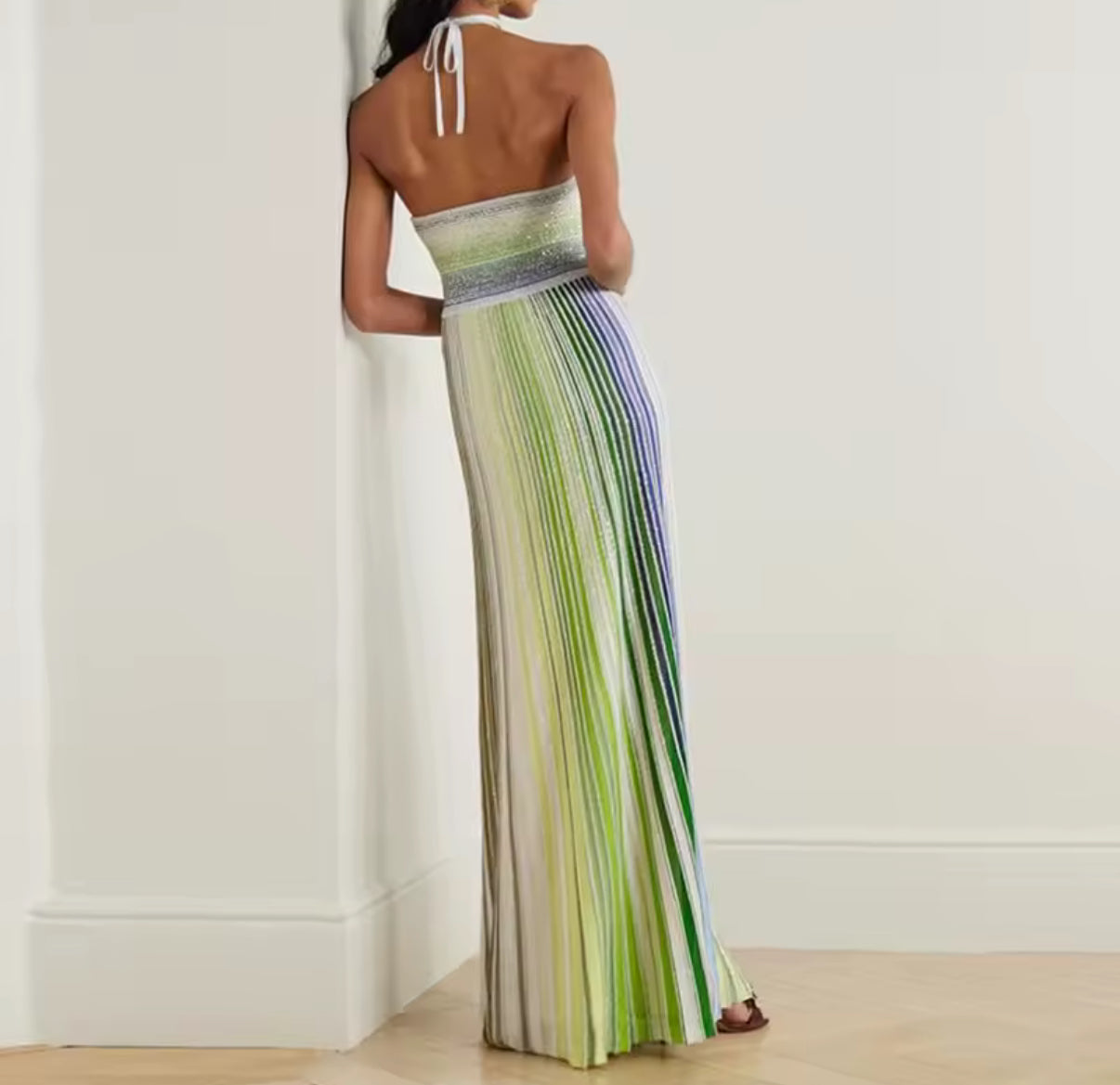 Shimmer Pleated Maxi Dress in Green & Blue Tones