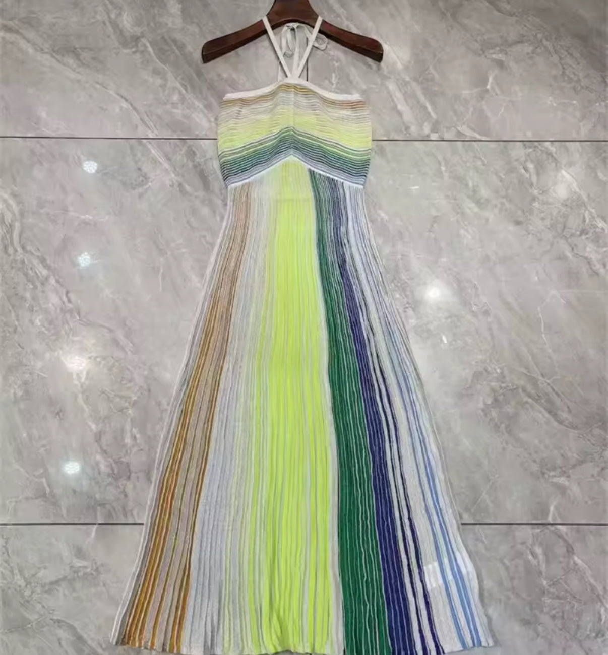 Shimmer Pleated Maxi Dress in Green & Blue Tones