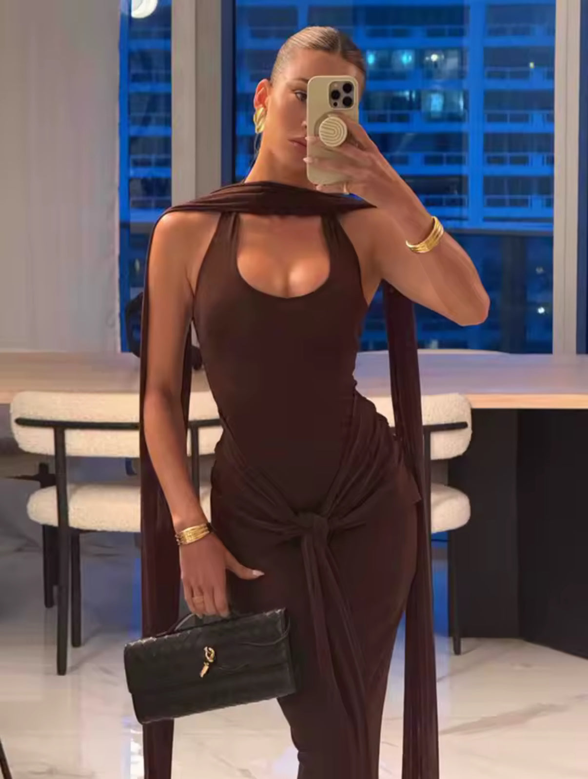 Shimmer knit evening dress with scarf