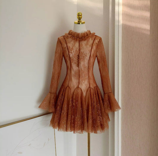 Sheer lace mini dress with ruffles