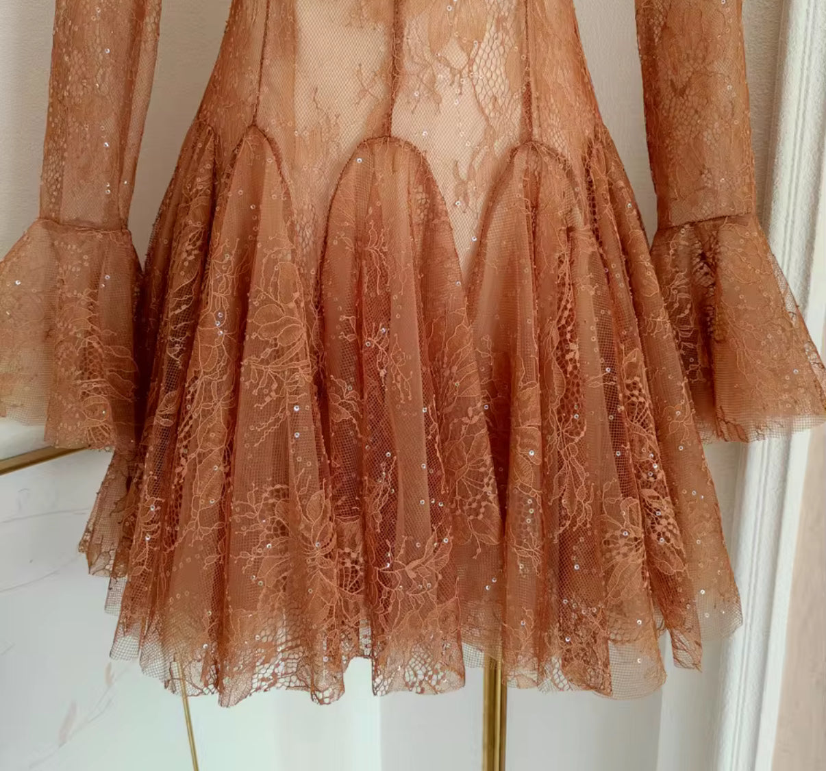 Sheer lace mini dress with ruffles