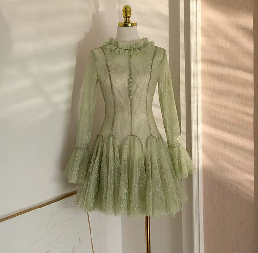 Sheer lace mini dress with ruffles