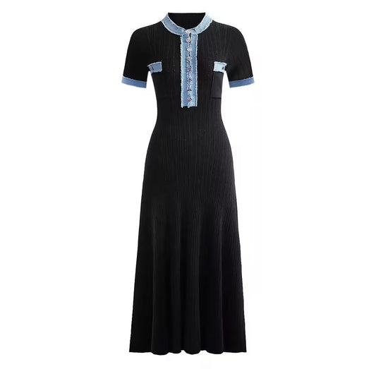 Ribbed Maxi Dress with Denim-Trimmed Collar