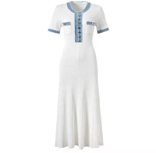 Ribbed Maxi Dress with Denim-Trimmed Collar