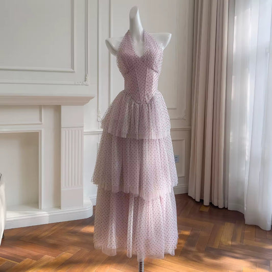 Retro Polka Dot Gown with Ruffled Skirt