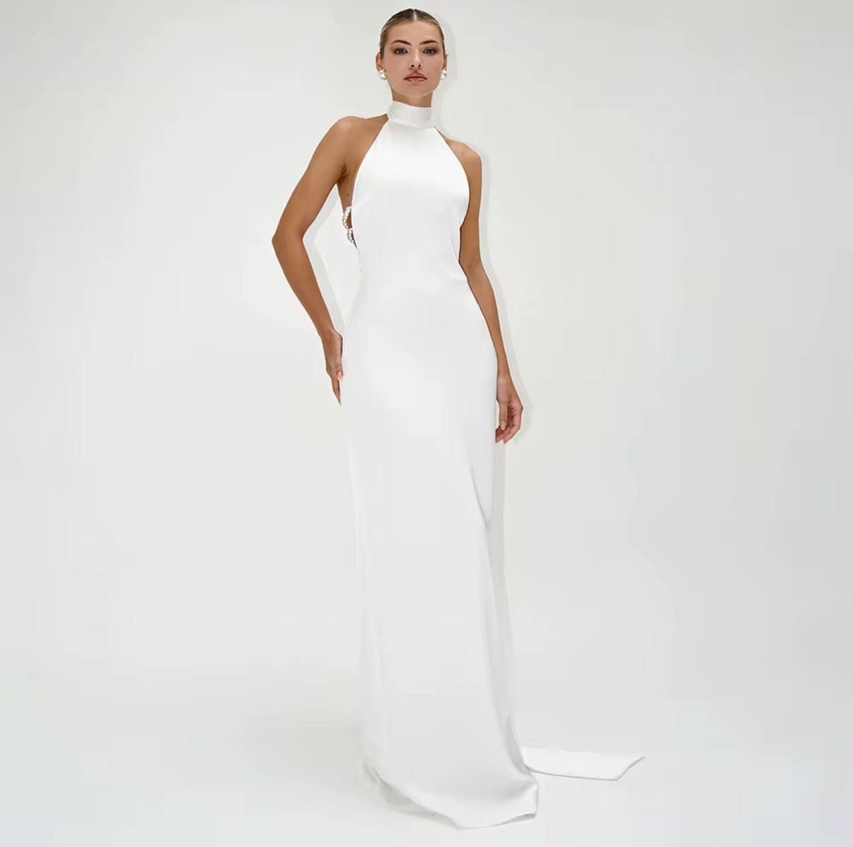 Halter Evening Dress with Pearl Back Detail