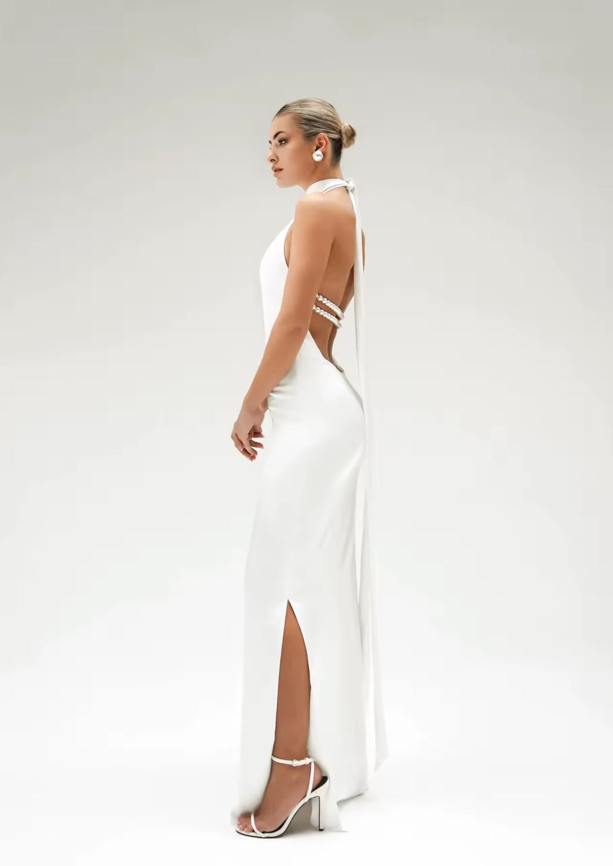 Halter Evening Dress with Pearl Back Detail