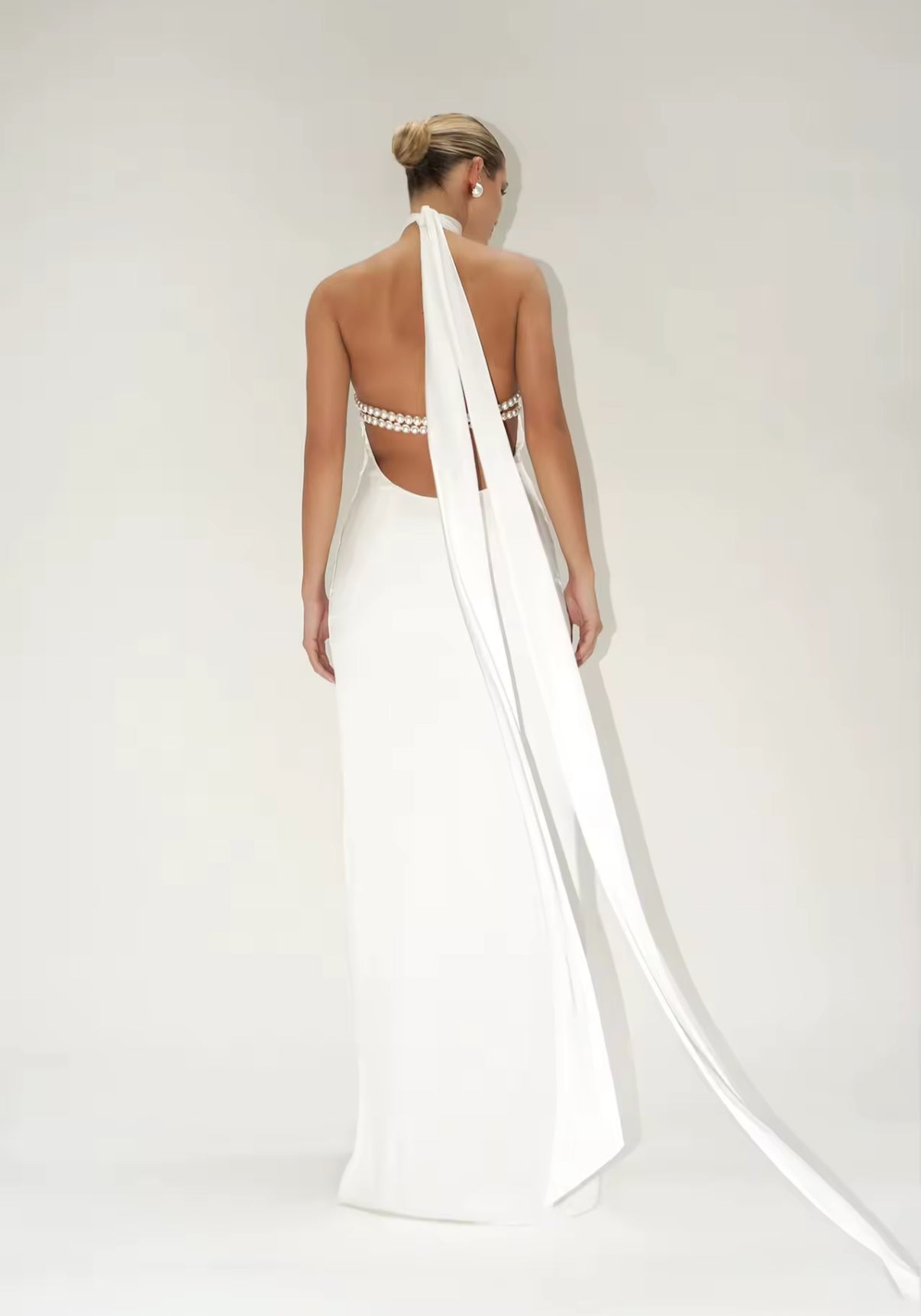 Halter Evening Dress with Pearl Back Detail