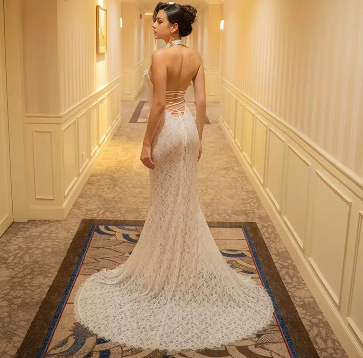 Elegant white maxi dress with sheer lace finish