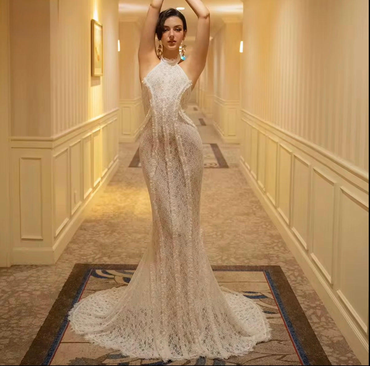 Elegant white maxi dress with sheer lace finish