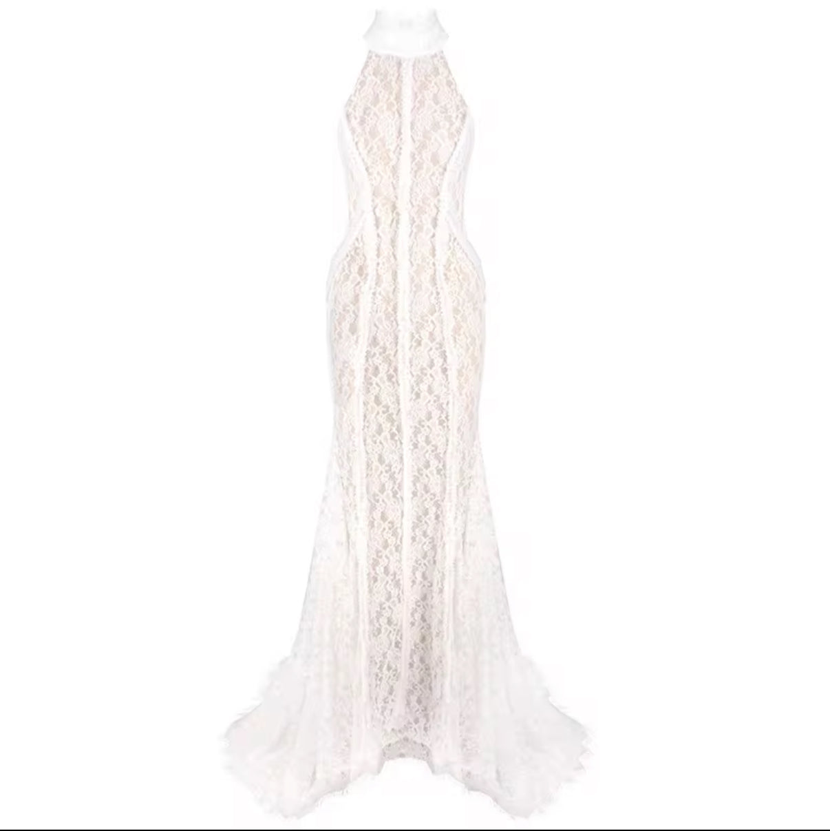 Elegant white maxi dress with sheer lace finish