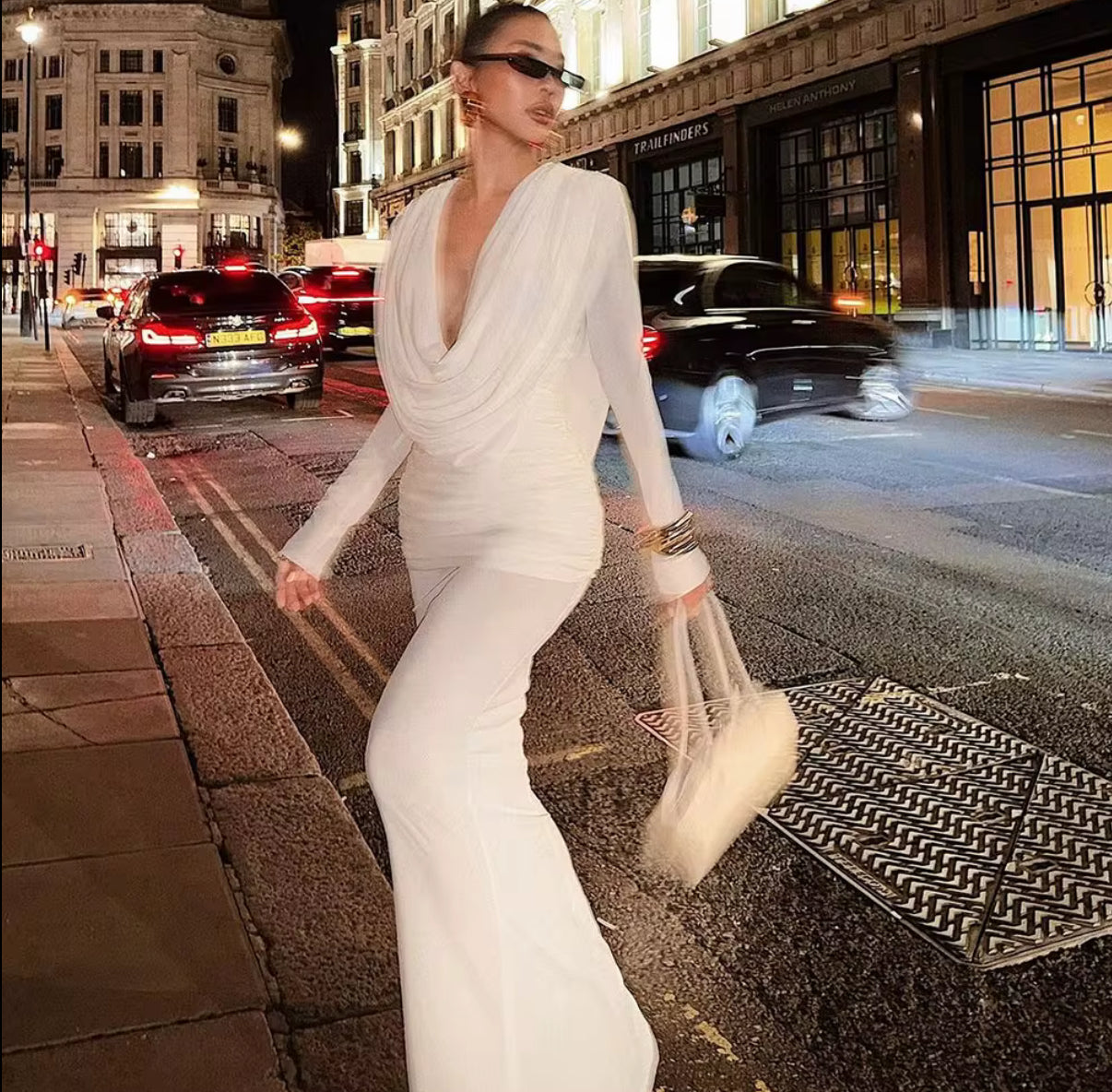 Elegant Ruched Evening Dress with Deep Neckline