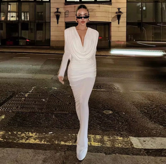 Elegant Ruched Evening Dress with Deep Neckline