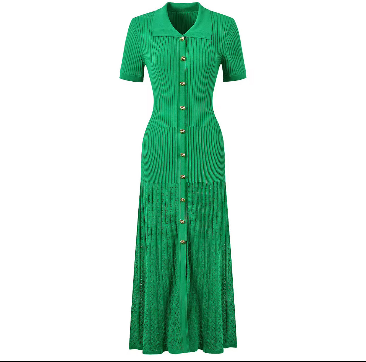 Elegant Ribbed Knit Maxi Dress with Gold Button Front